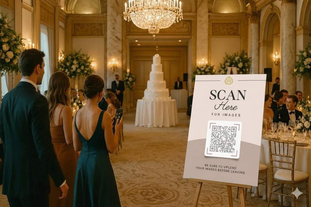 Guests scanning a QR code at a wedding reception to share photos